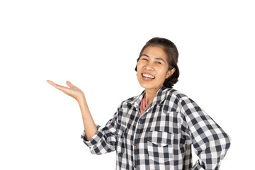 A woman in a checkered shirt gesturing with one hand raised, appearing to be explaining or presenting something, set against a white background.