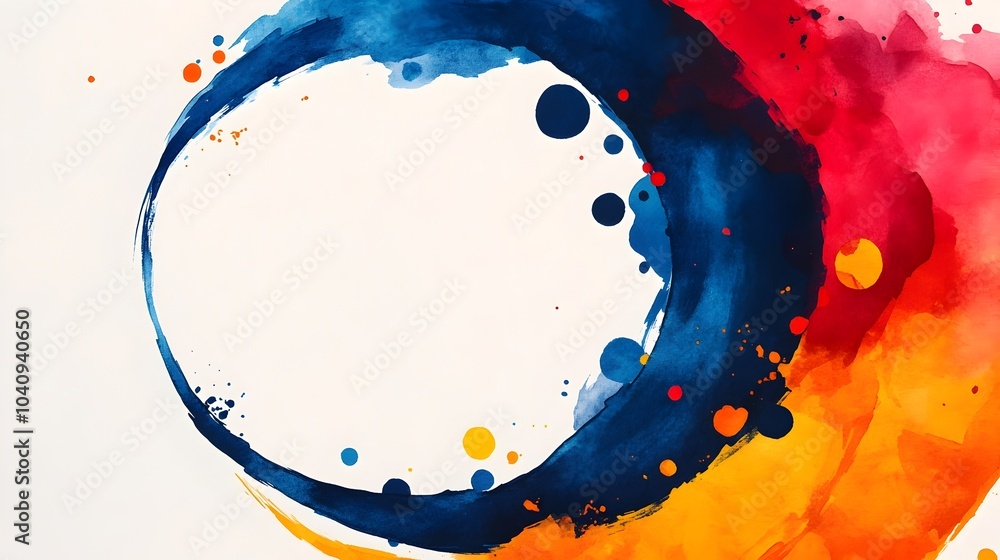 Poster dynamic watercolor splashes swirling and spiraling around geometric barriers creating a vibrant abst