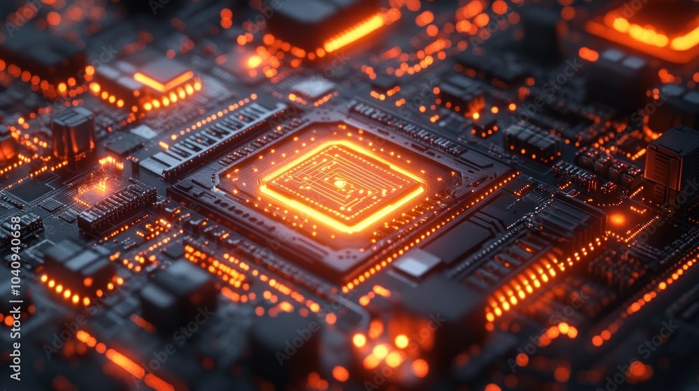 Poster close-up of a glowing computer chip on a circuit board.