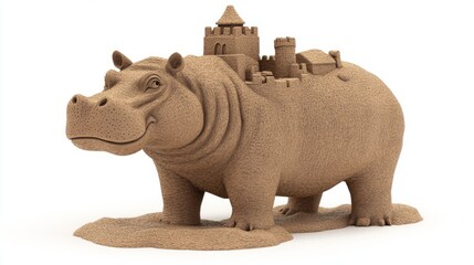 Naklejka premium A sandcastle built on a sand hippopotamus sculpture against a white background.