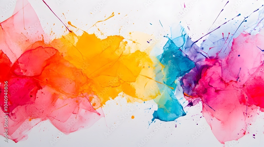 Poster vibrant fluid watercolor splashes and strokes disrupting and piercing through rigid geometric obstac