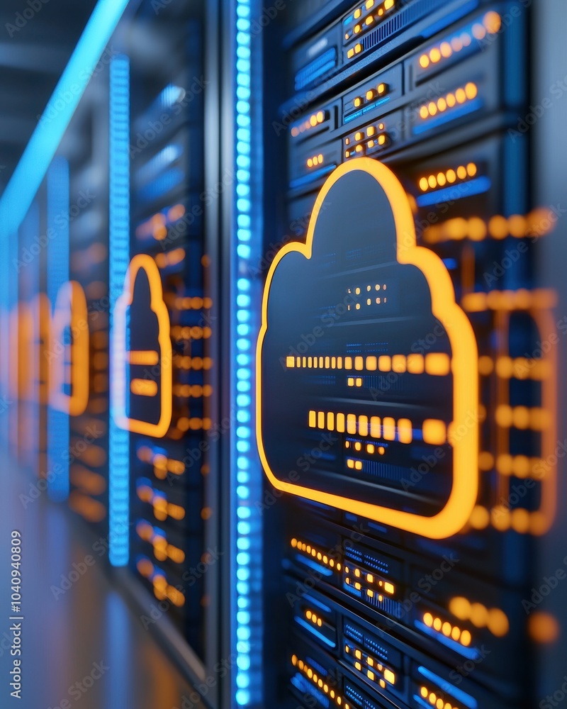 Aufkleber a modern data center featuring illuminated server racks with cloud storage icons, illustrating advan