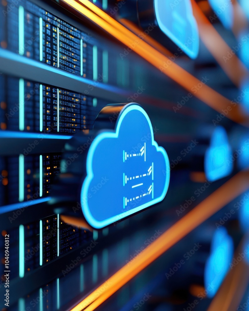 Poster a vibrant, digital representation of cloud technology, showcasing interconnected data servers with l
