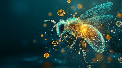 Mesmerizing glowing bee surrounded by a captivating backdrop of illuminated flowers and intricate honeycomb patterns creating a surreal dreamlike and visually stunning scene
