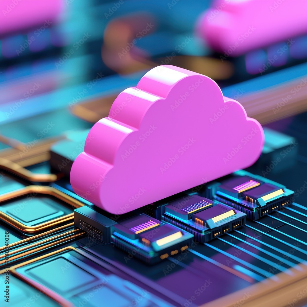 Poster a colorful representation of cloud computing, featuring a pink cloud above digital circuits and chip