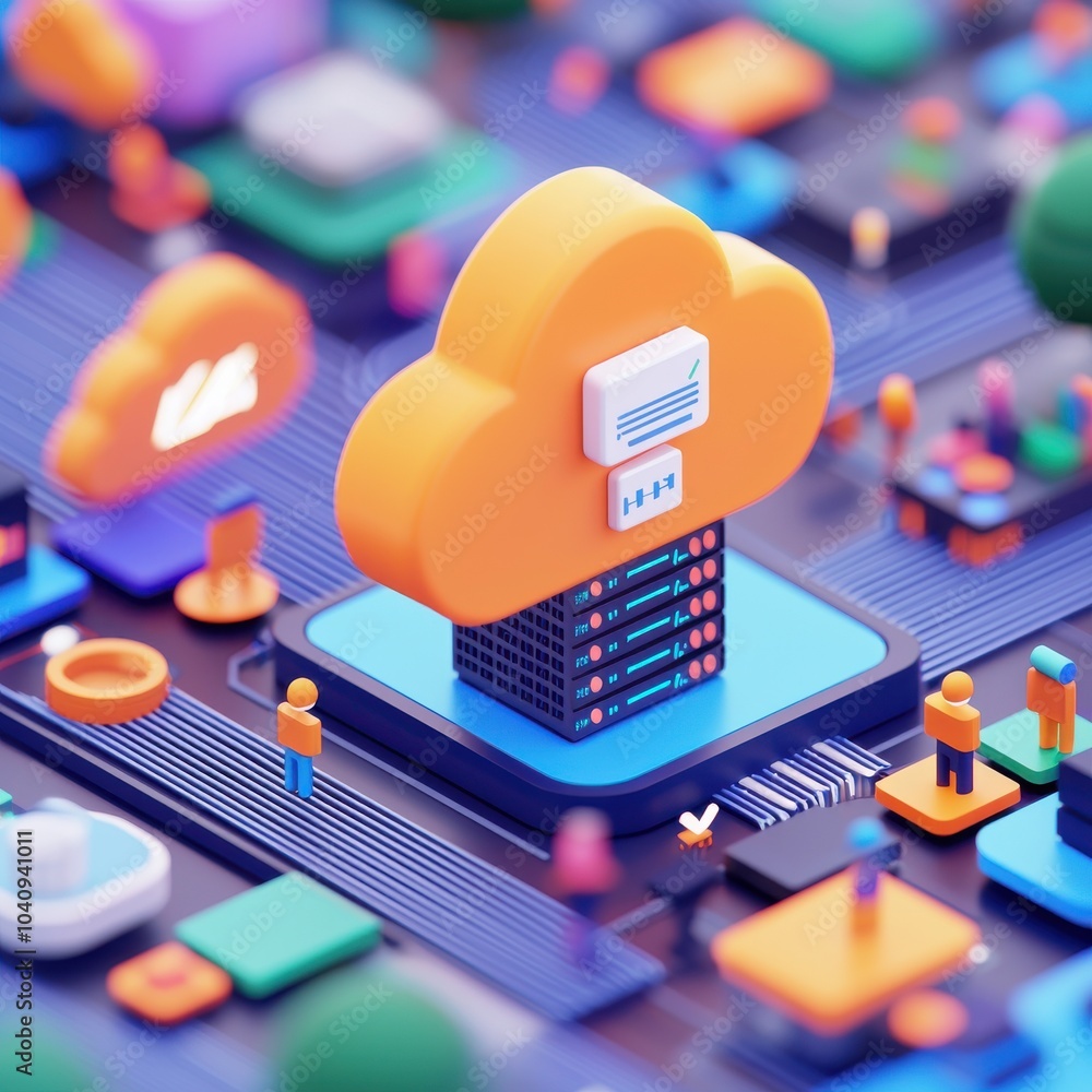 Poster a colorful, digital representation of a cloud computing setup featuring servers, data storage, and m