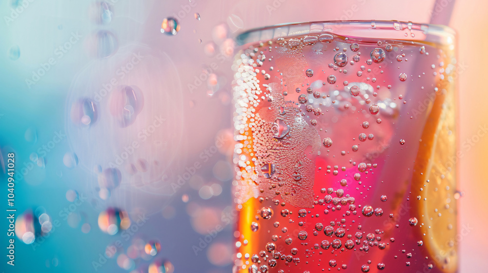 Poster a close-up of a refreshing drink in a glass showcases bubbles and a slice of lemon, with a colorful 