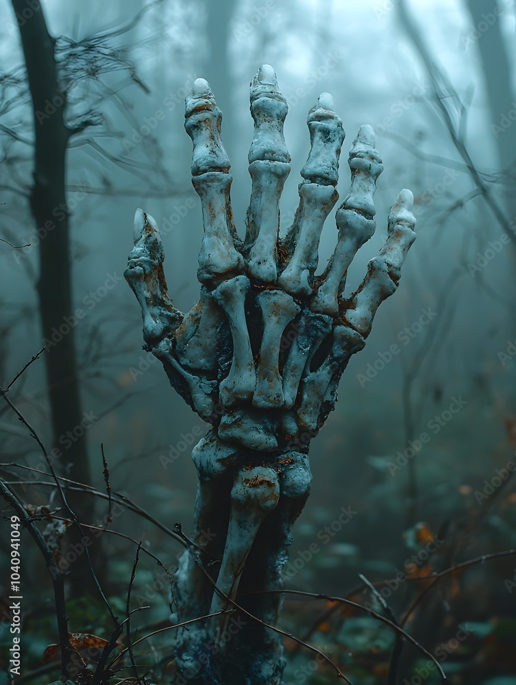 Poster skeletal hand with tattered cloth rising from a misty graveyard with a ghostly fog surrounding the a