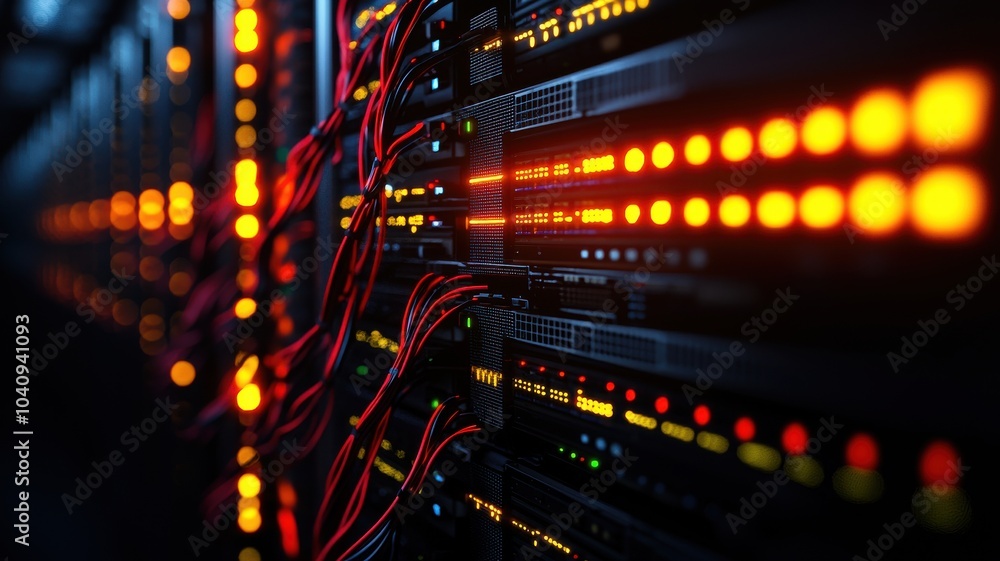 Poster a close-up view of illuminated server racks and cables, showcasing a vibrant network environment wit