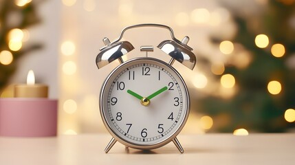 Minimalist Metal Alarm Clock Focusing on Green Energy in Business Bokeh Background