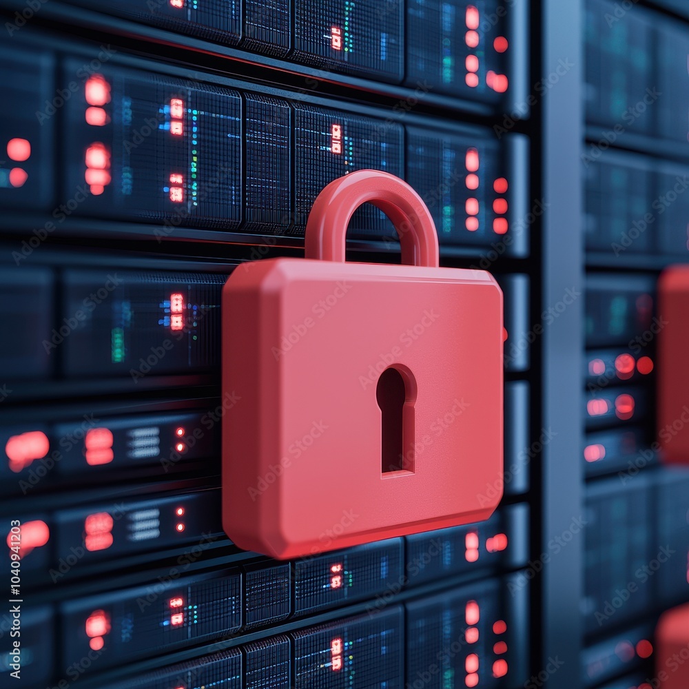 Poster a bright red padlock hangs on a server rack, symbolizing data security and protection in a digital e