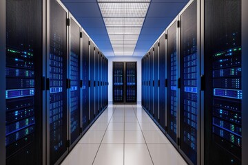 A sleek data center corridor featuring rows of servers illuminated by blue lights, showcasing modern technology in a clean, organized environment.