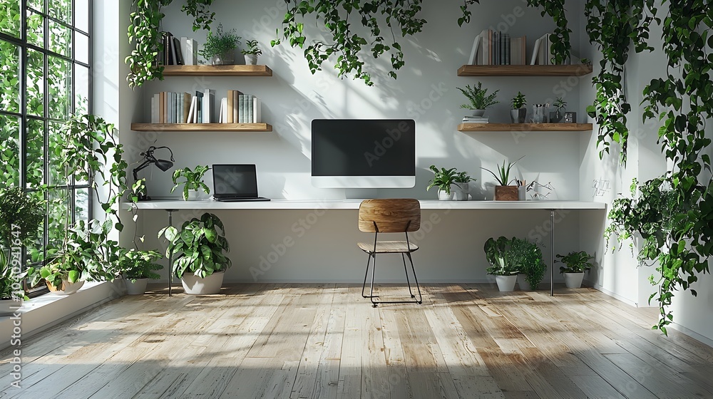 Poster a peaceful and organized minimalist game room featuring clean white walls a simple desk and minimali