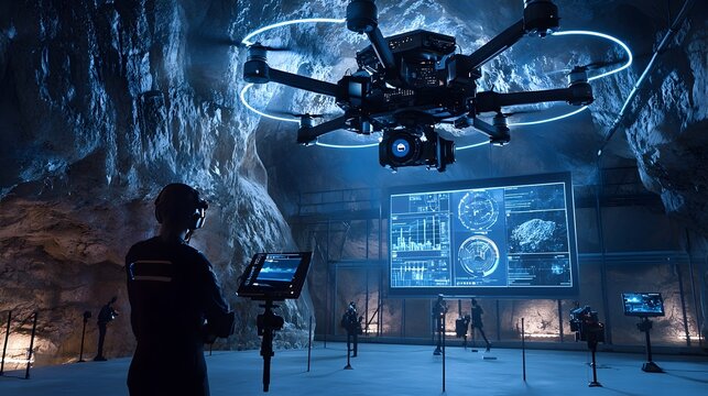 Futuristic autonomous mining drone equipped with holographic control interfaces real time geological data visualization and extraction plans operating in a quarry environment