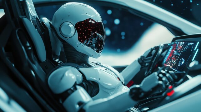 A humanoid robot with sleek, aerodynamic lines, piloting a futuristic spacecraft in a high-tech cockpit with holographic controls and starry vistas