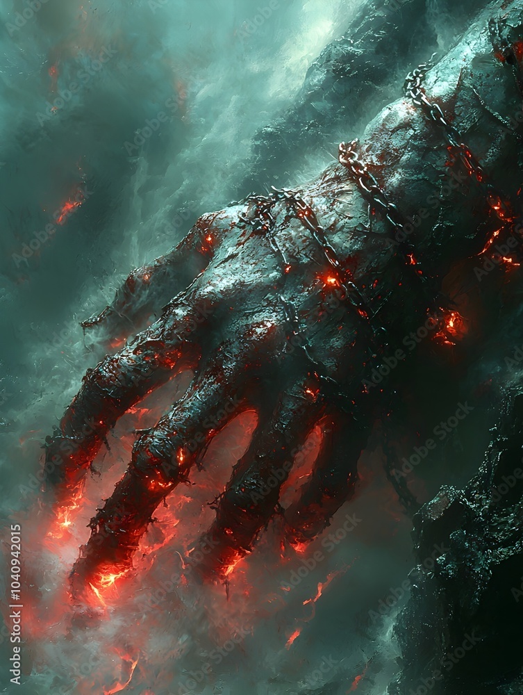 Poster ominous undead hand with broken chains bursting from a decrepit grave glowing red eyes visible in th