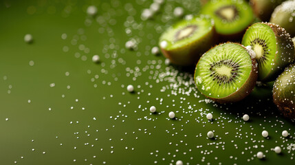Fresh kiwis sliced open, showcasing their vibrant green flesh and unique texture, are scattered with delicate white sprinkles on rich green background, creating festive and inviting atmosphere