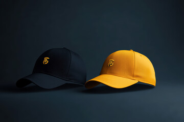 Stylish black and yellow caps with embroidered logos, perfect for casual wear or branding. These hats showcase modern design and vibrant colors, ideal for any outfit