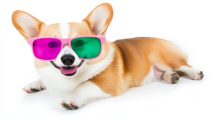 A smiling corgi dog wearing pink and green sunglasses lying down on a white background.