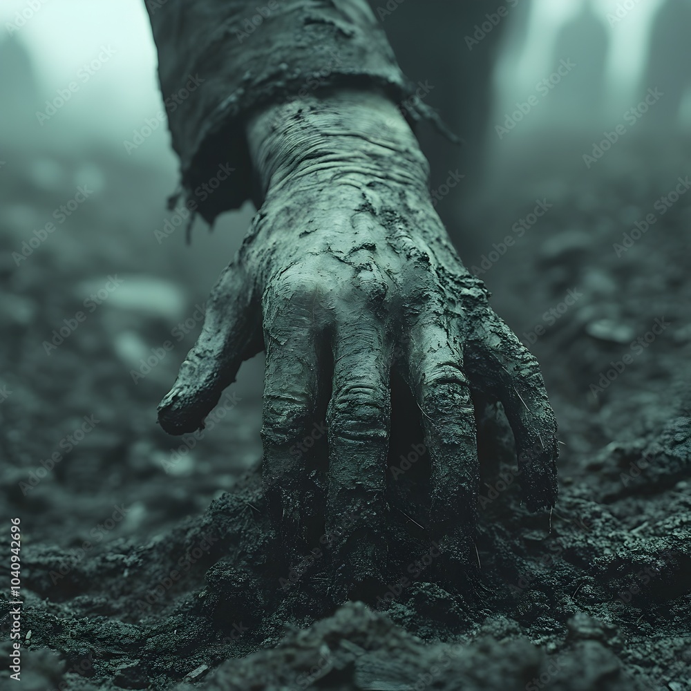 Poster chilling hand emerging from the soil in a misty graveyard creating a dark and foreboding supernatura