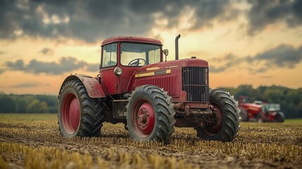 Fototapeta premium vintage tractor on a field, working alongside modern heavy machinery under a cloudy sky, contrast between old and new farming techniques