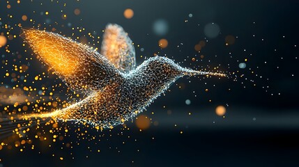 Stunning digital art of a hummingbird in graceful flight its wings and body made of glowing mesh lines that trail shimmering light particles creating a mesmerizing ethereal and dynamic visual effect