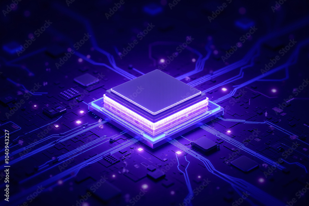 Poster a futuristic microchip sits at the center of a circuit board, illuminated with purple lights, repres