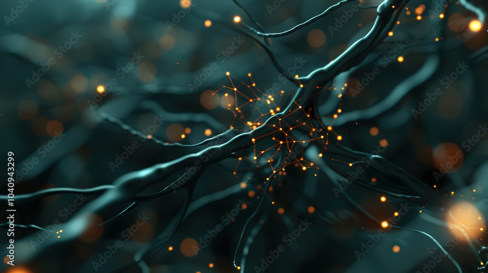 Poster Futuristic network of glowing nodes interconnected by dark strands, creating mesmerizing visual of technology and connectivity. intricate design evokes sense of innovation and complexity