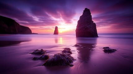 Stunning purple sunset over a beach with rocky outcroppings and seaweed.