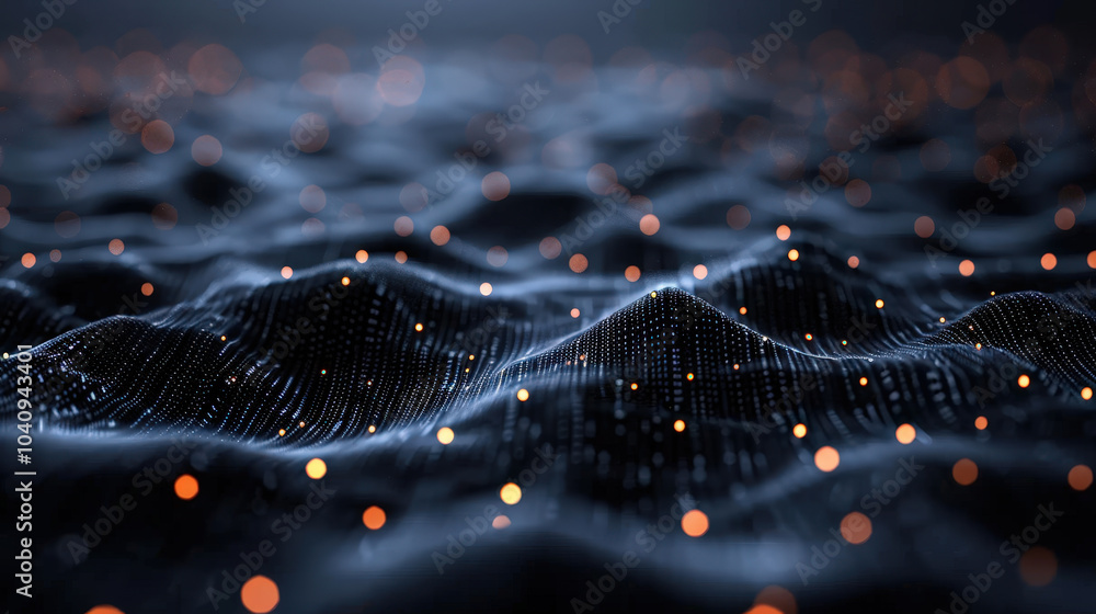 Poster futuristic network of glowing points creates mesmerizing visual effect, resembling digital landscape