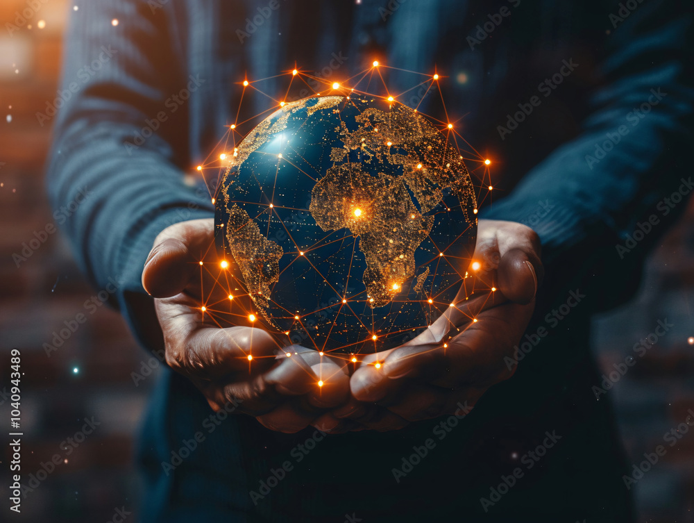 Poster a pair of hands holds a glowing globe connected by a network of lights, symbolizing global connectiv