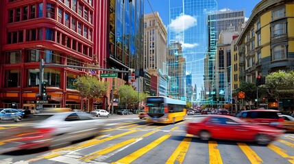 A photography of a modern city intersection with holographic traffic signals and floating digital maps displaying real time traffic flow and congestion levels