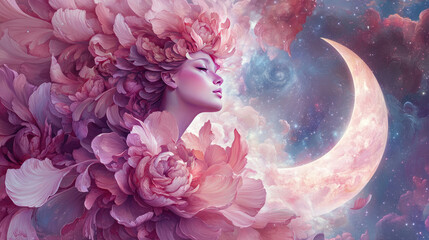 Beautiful woman, goddess, flowers, female, beautiful, glamorous, angel, Venus, moon, night sky, sky