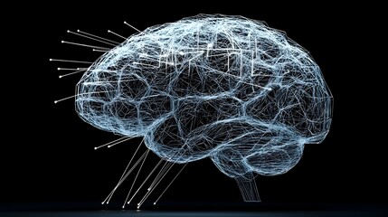 Stylized glowing mesh brain with neon light escaping representing the visualization of breakthrough ideas technological innovation and the interconnected nature of the mind and digital realms