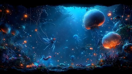 Obraz premium Stylized glowing mesh coral reef with neon sea creatures swimming through a vibrant futuristic underwater ecosystem