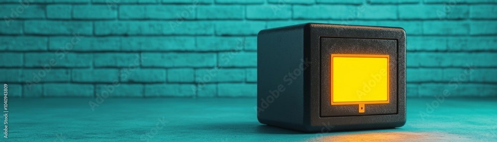 Poster a mysterious box illuminated by an orange light against a textured brick wall exploring themes of se