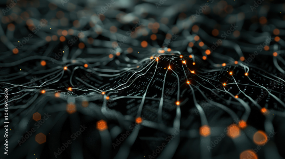 Poster futuristic technology with grid of glowing nodes and interconnected lines creates mesmerizing visual