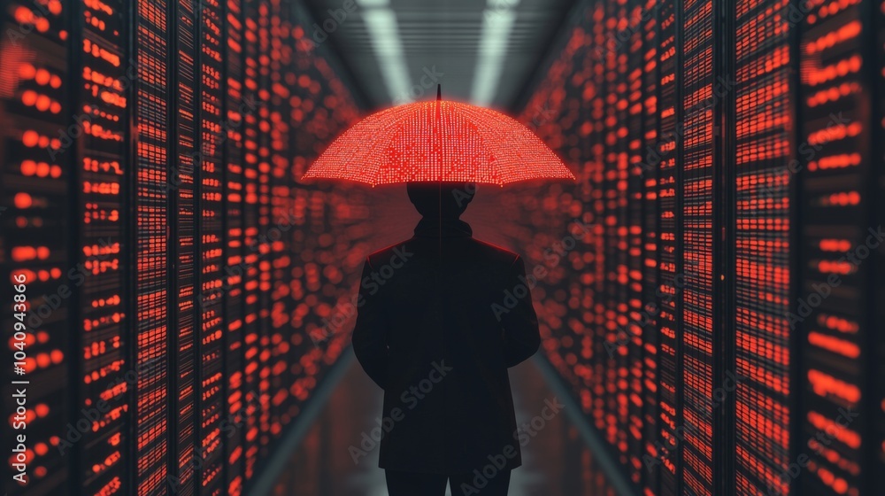 Poster a silhouette under a glowing red umbrella in a high-tech data center merging nature and technology i