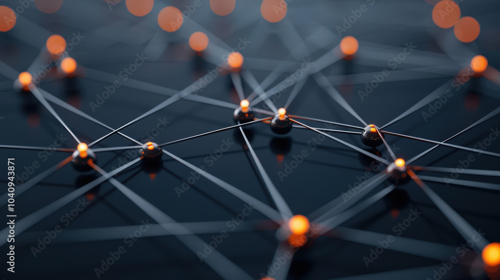 Poster futuristic technology grid featuring glowing nodes interconnected by lines, creating visually striki