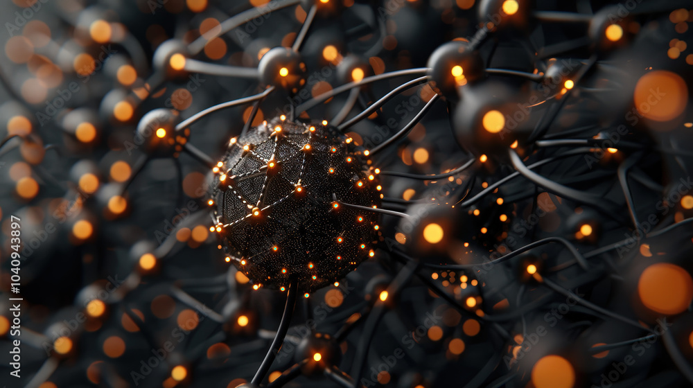 Poster Futuristic technology grid featuring glowing nodes interconnected by dark strands, creating mesmerizing visual effect. This evokes sense of innovation and advanced connectivity