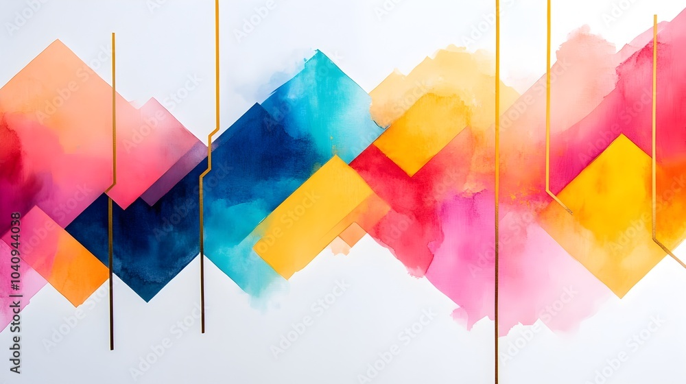 Poster vibrant watercolor splashes interwoven with intricate geometric obstacles creating a captivating and