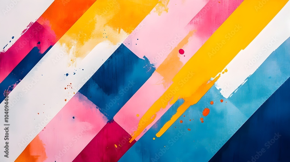 Poster interwoven vibrant watercolor splashes overlapping with geometric shapes and obstacles forming a dyn