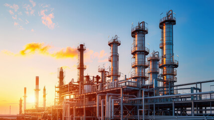 Fototapeta premium Industrial refinery at sunset with gas flaring, showcasing towering structures and pipes against vibrant sky. scene captures essence of energy production and industrial activity