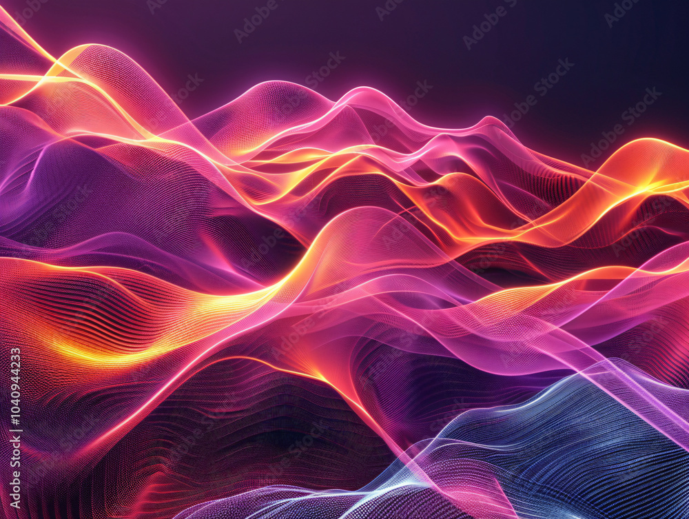 Poster a vibrant abstract scene features undulating waves of pink and orange against a dark backdrop, showc