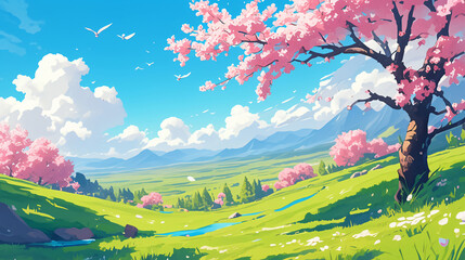 Illustration of a vibrant landscape featuring pink cherry blossom trees, green grass, rolling hills, and a clear blue sky with white clouds for travel.
