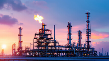 Fototapeta premium Industrial oil refinery with gas flaring at sunset, showcasing towering structures and vibrant colors in sky. scene captures essence of energy production and industrial activity