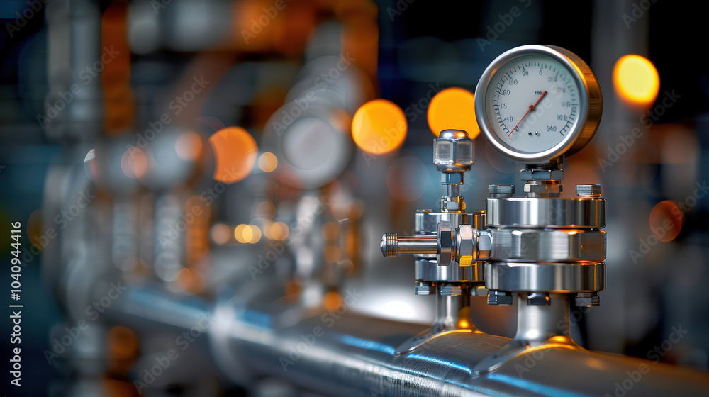 Poster high quality close up of industrial gas processing equipment featuring pressure gauges and metallic 