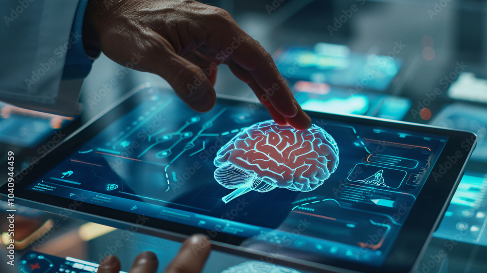 Aufkleber a close-up image showing a hand interacting with a digital tablet displaying a brain scan, complete 