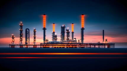 Fototapeta premium Imposing industrial scene featuring a large oil refinery with tall towers complex piping systems and extensive metallic infrastructure