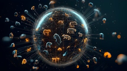 Stylized glowing wireframe globe surrounded by luminous ethereal animal forms symbolizing the interconnectedness of wildlife and the importance of environmental preservation and conservation efforts